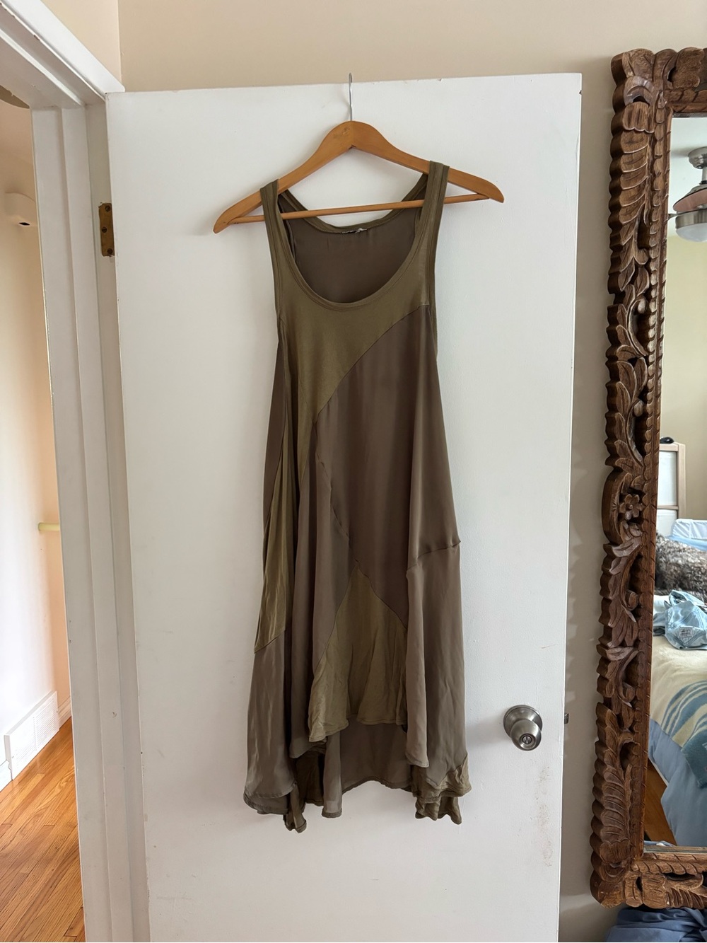 Olive Green Patchwork Sleeveless Midi Dress